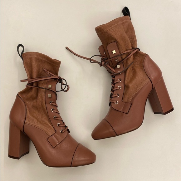 Stuart Weitzman || Veruka Leather Combat Sock Bootie Heeled Mauve Pink 9.5 - Picture 3 of 11